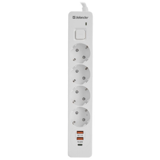 Сетевой фильтр  1.5м DEFENDER DFS141, белый, 4 розетки, ПВС 3*1,5 мм2, 16А, защ. шторки