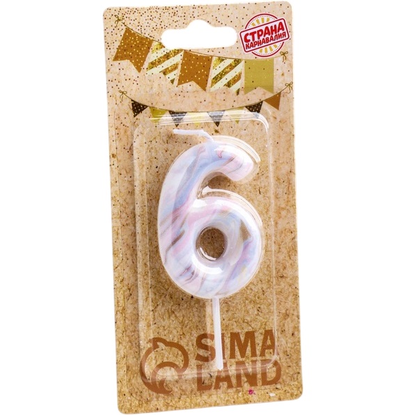 Свеча в торт «Белый мрамор», цифра 6, 5.5 см 6990835