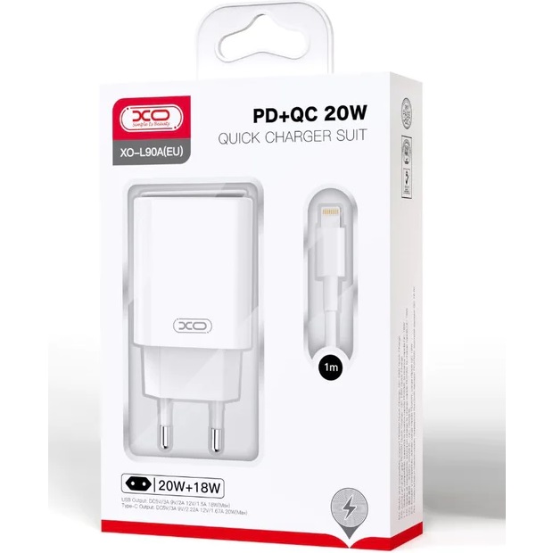 Сетевое ЗУ 1USB/Type-C 3A XO L90A, PD20W+QC18W, Lightning, белый