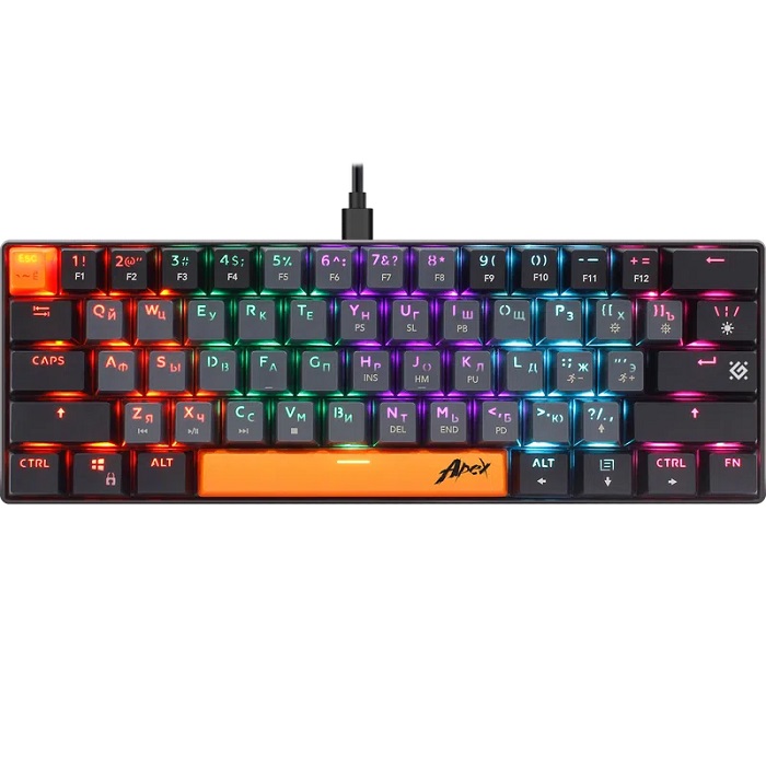 Клавиатура DEFENDER Apex GK-002 RU, 3 цвета, серая, радужная подсветка, 61 клавиша, красные светодиоды