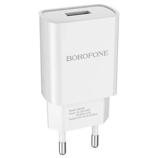 Сетевое ЗУ 1USB 2.1A BOROFONE BA20A, Sharp белый