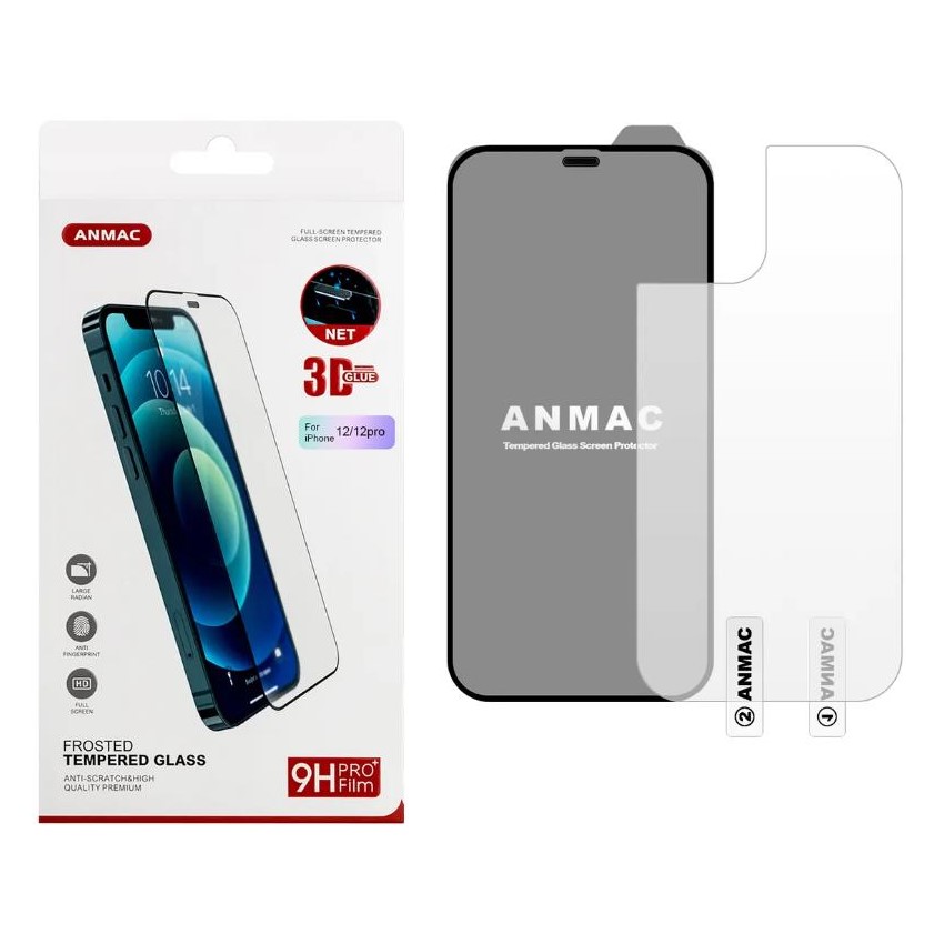 Противоударное стекло 3D ANMAC для iPhone 12/12 Pro матовый с сеточкой + пленка назад черная