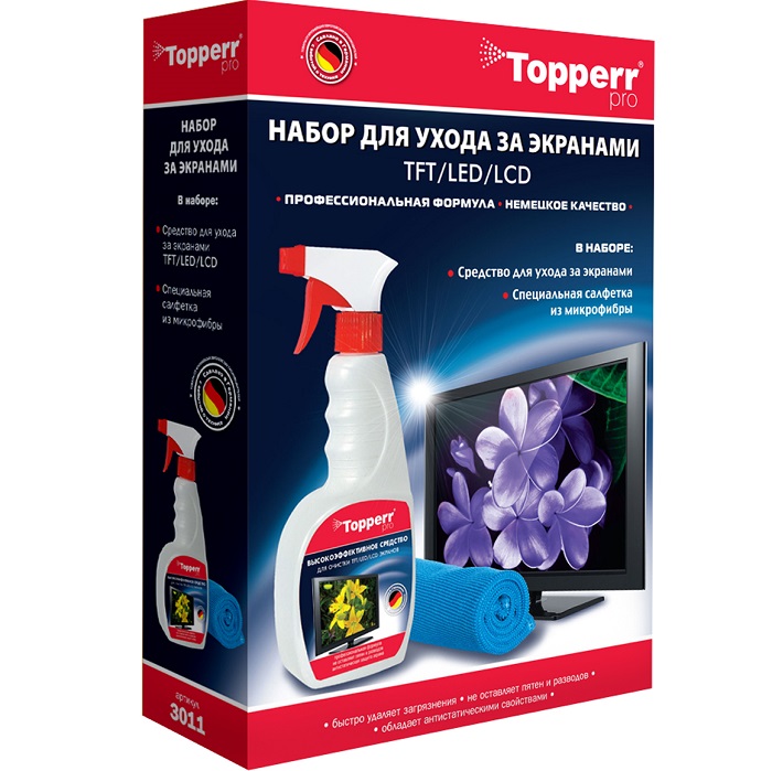 Набор для ухода за экранами ЖК, LCD и плазмы TOPPER 3011, 2 предмета (ср-во+салфетка)