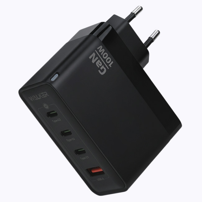 Сетевое ЗУ 1USB/3Type-C 3.25A WALKER WH-48 GaN, черное, 100Вт