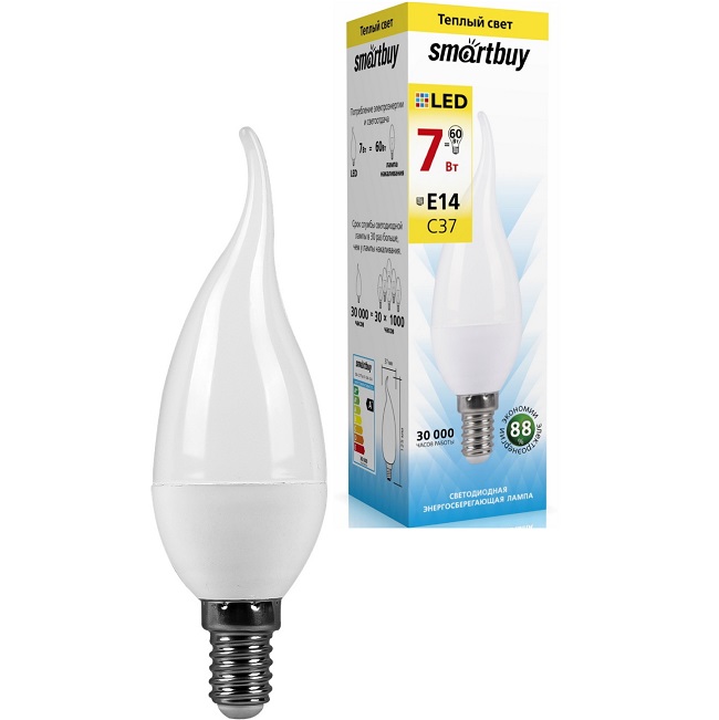 Лампа светодиодная SMARTBUY C37 7W/3000K/E14 (свеча на ветру)