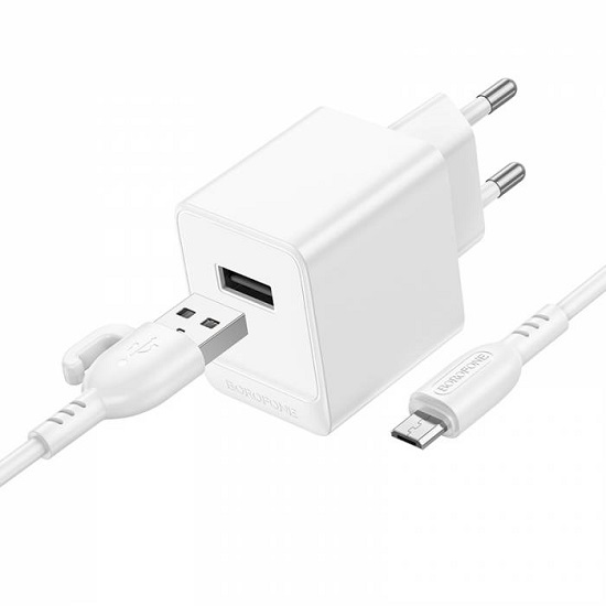 Сетевое ЗУ 1USB 2.1A BOROFONE BAS11A, Erudite, белый, microUSB