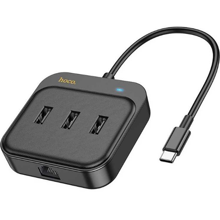 USB-Хаб 3.0 HOCO HB35, Easy, USB to USB3.0*3+RJ45, кабель USB 1.2м, чёрный