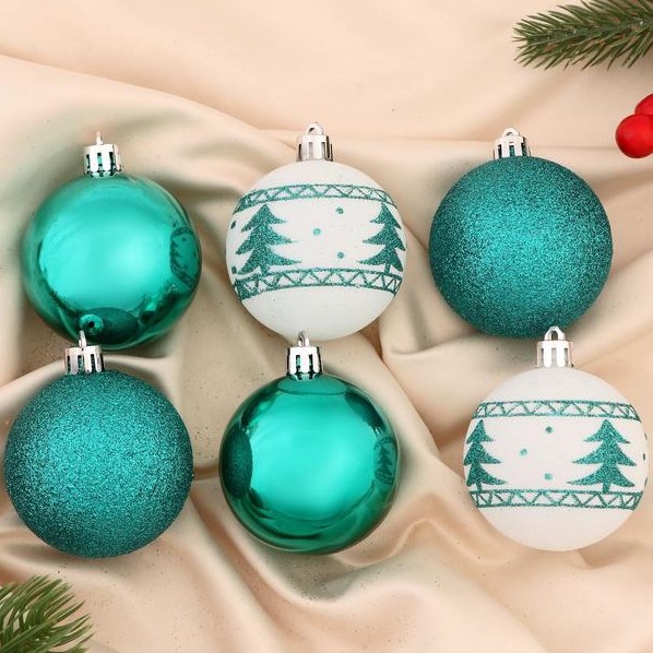 Набор шаров пластик d-6 см, 6 шт "Изумрудик - ёлочка" белый и зелёный 2131453