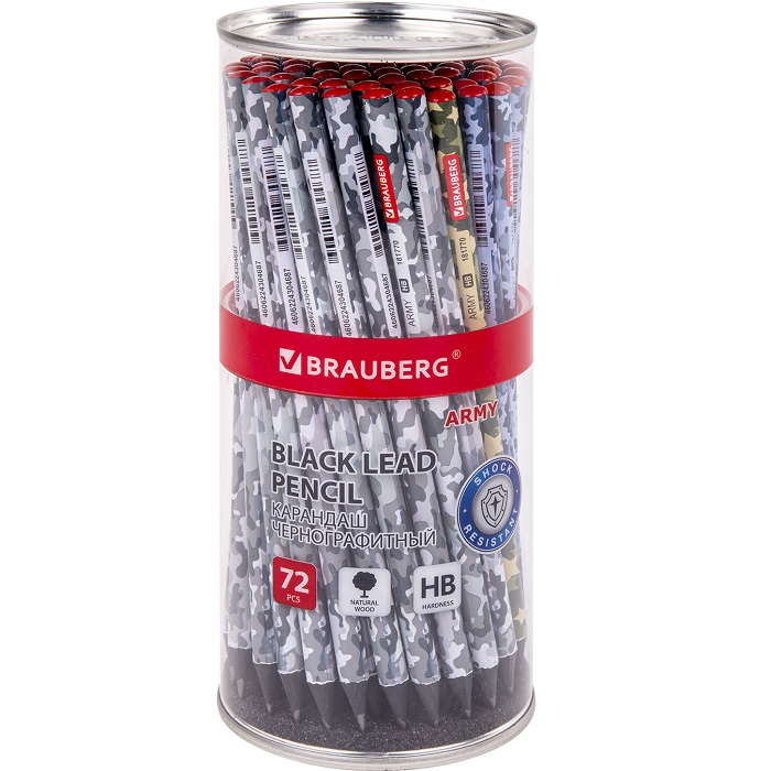 Карандаш чернографитный BRAUBERG "ARMY", 1 шт., HB, корпус ассорти, 181770