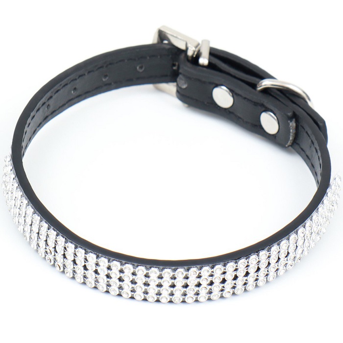 Ошейник со стразами в 4 ряда и стразы на пряжке, 38 х 1,5 см, ОШ 26-33, чёрный