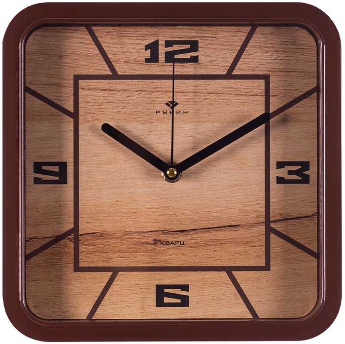 Часы настенные РУБИН "Классика" квадрат 22х22см, корпус коричневый (2223-011)