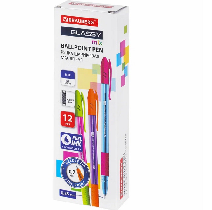 Ручка шариковая масляная с грипом BRAUBERG GLASSY MIX, СИНЯЯ, корпус ассорти,линия 0,35мм, 144106
