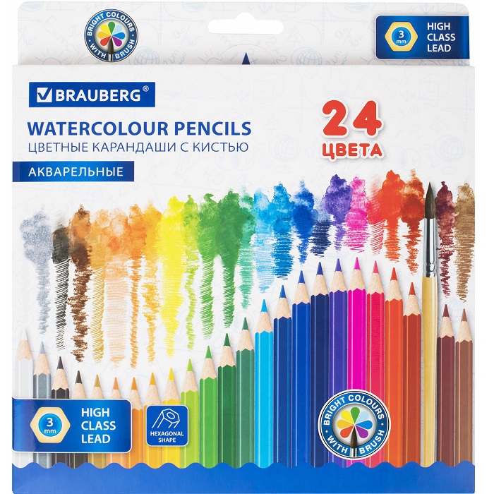 Карандаши цветные акварельные BRAUBERG 24 цвета с КИСТЬЮ 181849