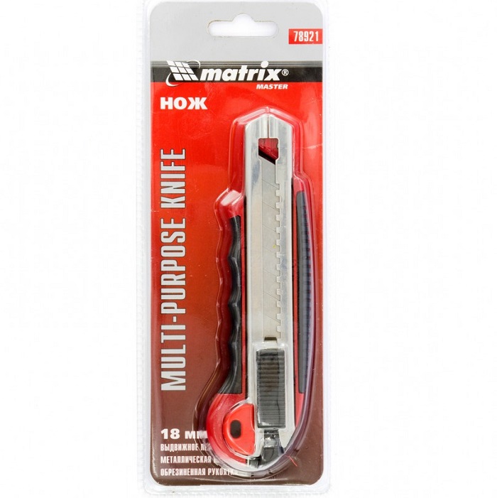 Нож 18мм MATRIX  78921, выдвижное лезвие, метал. направляющая, обрезиненная ручка, 5 лезвий