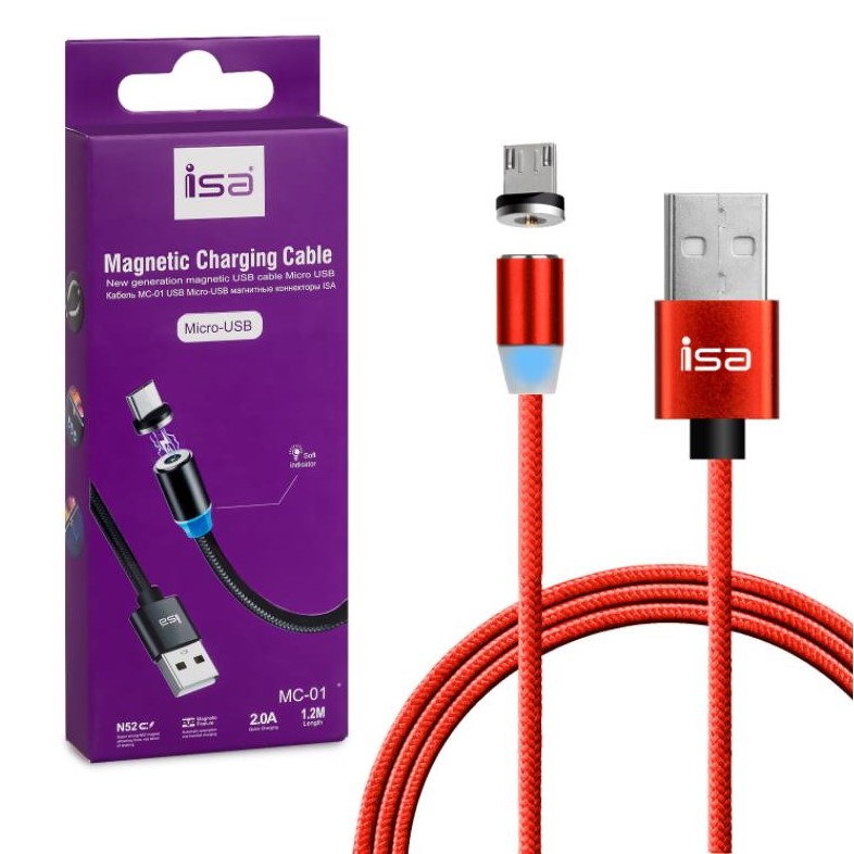 Кабель USB <--> microUSB  1.0м ISA MС-01 магнитный красный