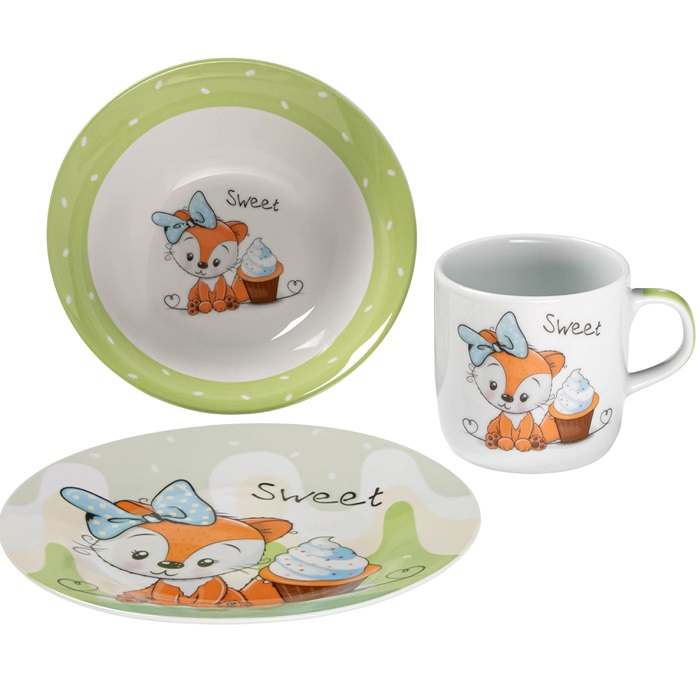 Набор детской посуды Доляна «Лисёнок», 3 предмета: кружка 230 мл, миска 400 мл, тарелка d=18 см, керамика, белый, зелёный