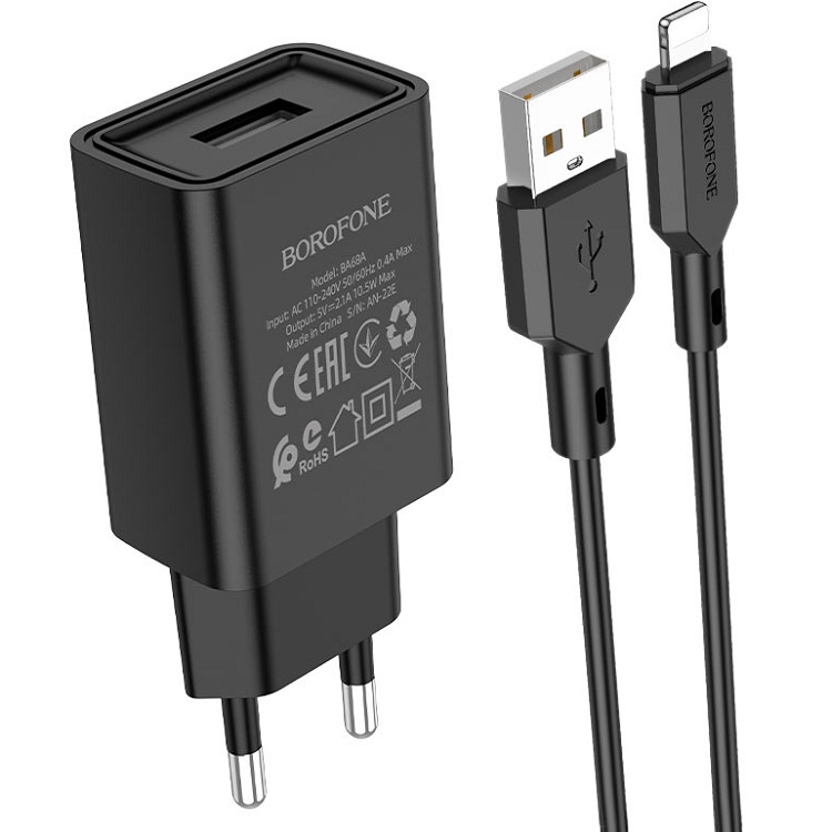 Сетевое ЗУ 1USB 2.1A BOROFONE BA68A, Glacier, Lightning, черный