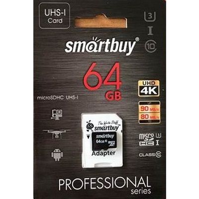 Micro SD 64Gb Smart Buy Сlass 10 Pro UHS-I U3 (80/90 Mb/s) с адаптером SD