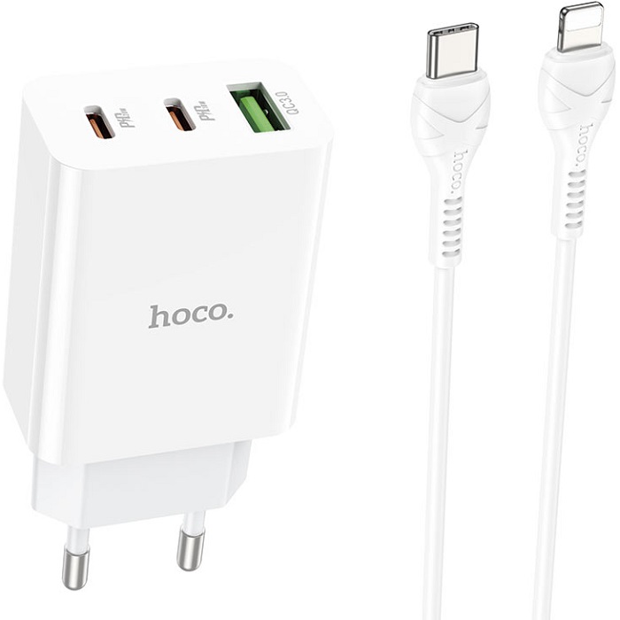 Сетевое ЗУ 1USB/2Type-C 3A HOCO C99A белый, Type-C<-->Lightning