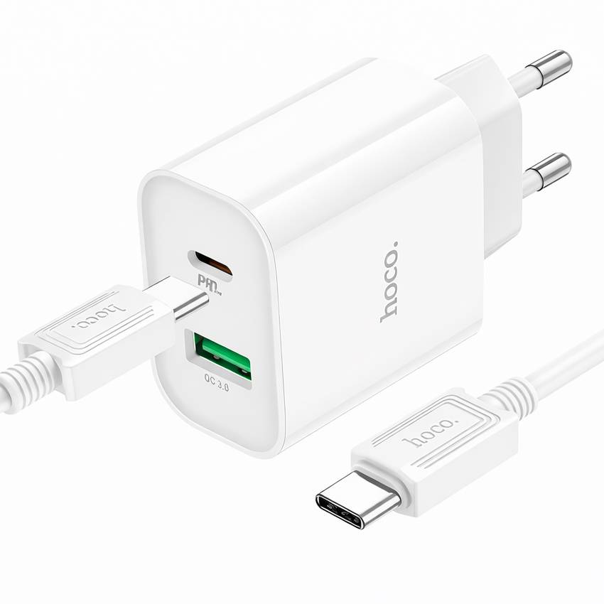 Сетевое ЗУ 1USB/1Type-C 3A HOCO C80A Plus, White, Type-C-Type-C, 18W, PD20W+QC3.0