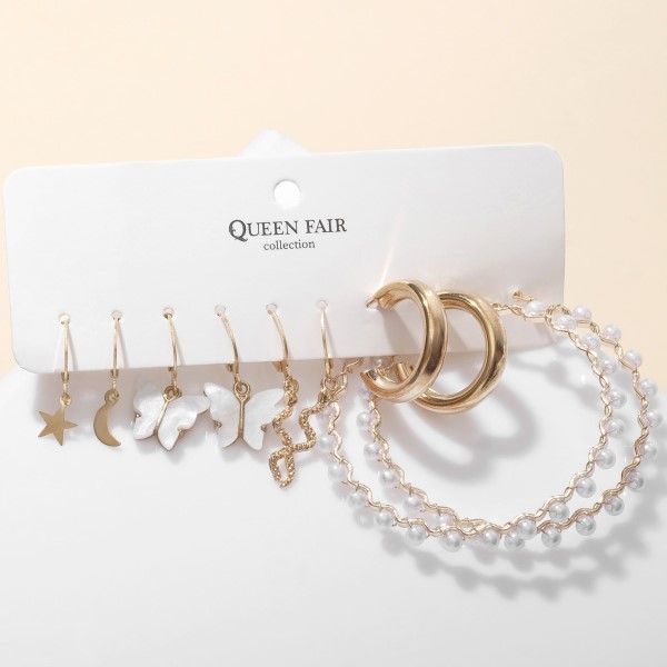 Серьги набор 5 пар "Леди" весна, цвет белый в золоте