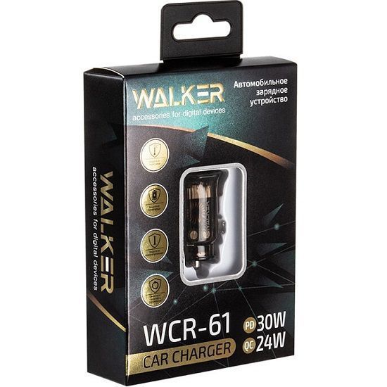 Aвто ЗУ 1USB/1Type-C 3A WALKER WCR-61 GAN, QC 3.0+PD, черное