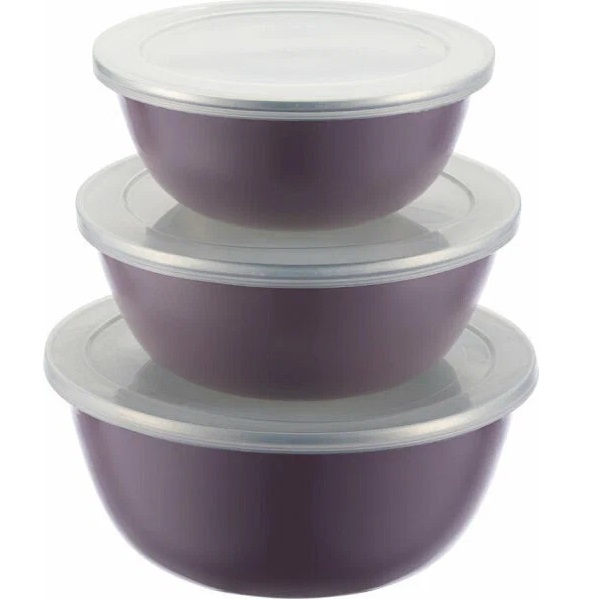 Набор эмалированных мисок REGENT Linea SMALTO, фиолетовый,  3шт, с пласт.кр. 14/16/18см;0,6/0,8/1,4л (93-EM-SM-S01)