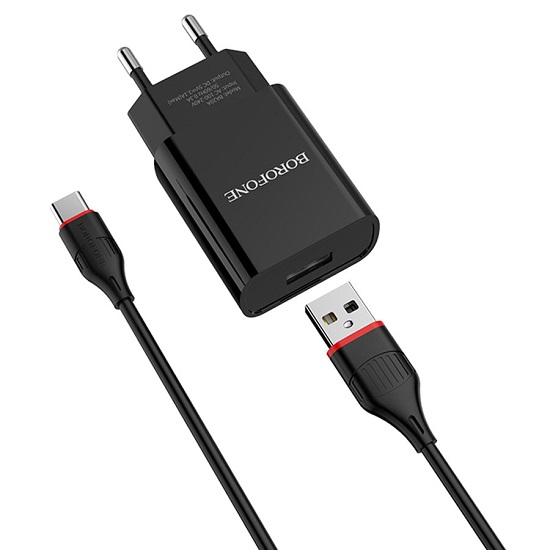 Сетевое ЗУ 1USB 2.1A BOROFONE BA20A, Sharp, Type-C, чёрный