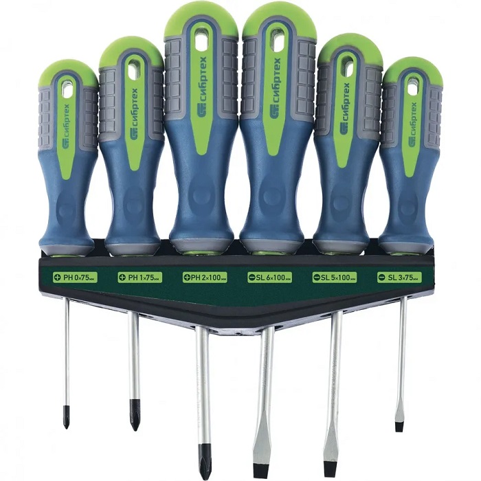 Набор отверток на полке, 6 шт., СИБТЕХ, PH + SL, CrV, 3к рукоятка// 13374