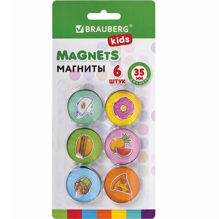 Магниты стеклянные BRAUBERG KIDS 35 мм, НАБОР 6 шт, 3D Street Food 272515