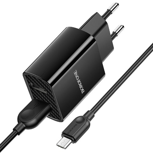 Сетевое ЗУ 2USB 2.1A BOROFONE BA53A, Powerway, microUSB, чёрный