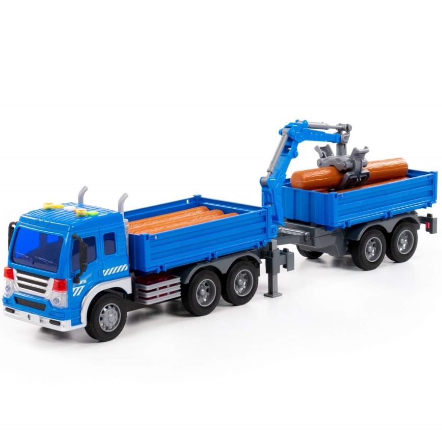 Автомобиль ПОЛЕСЬЕ Сити бортовой с манипулятором и прицепом инерционный синий 96036