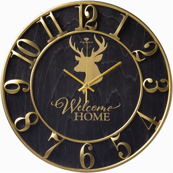 Часы настенные РУБИН "Welcome Home", из дерева, черный+золото, d=38 (3841-002)