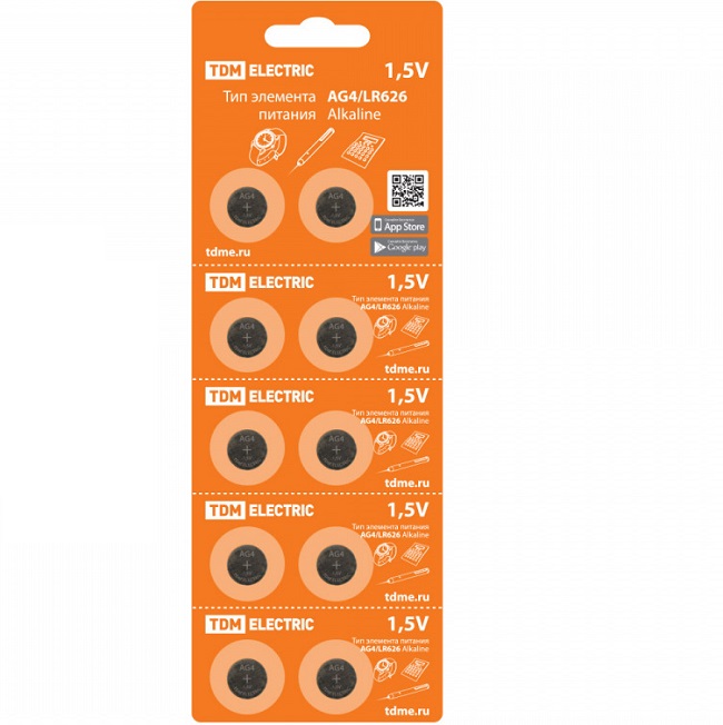 Элемент питания TDM AG04/LR626 Alkaline 1,5V BP-10 (1/200/4000)