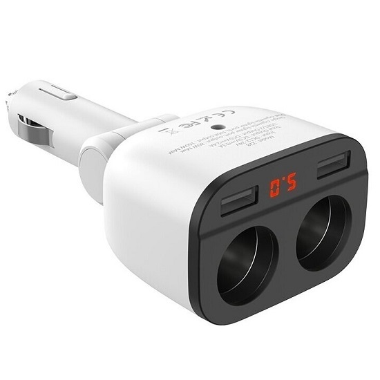 Разветвитель прикуривателя HOCO Z28 (2 выхода+ 2USB) белый (с экраном)