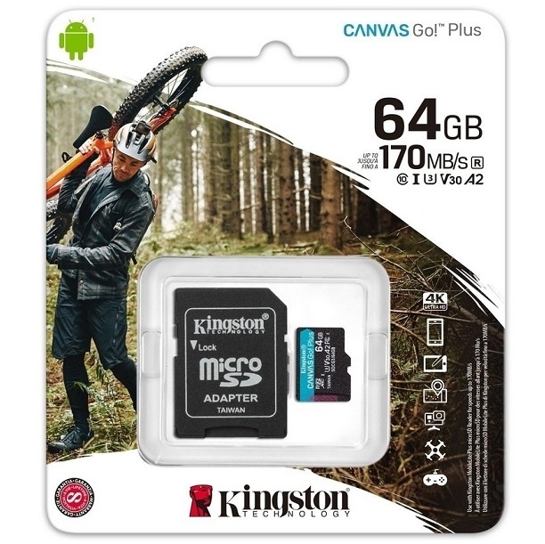 Micro SD 64Gb Kingston Class 10 Canvas Go Plus UHS-I U3 V30 A2 (170/70 Mb/s) + адаптер SD