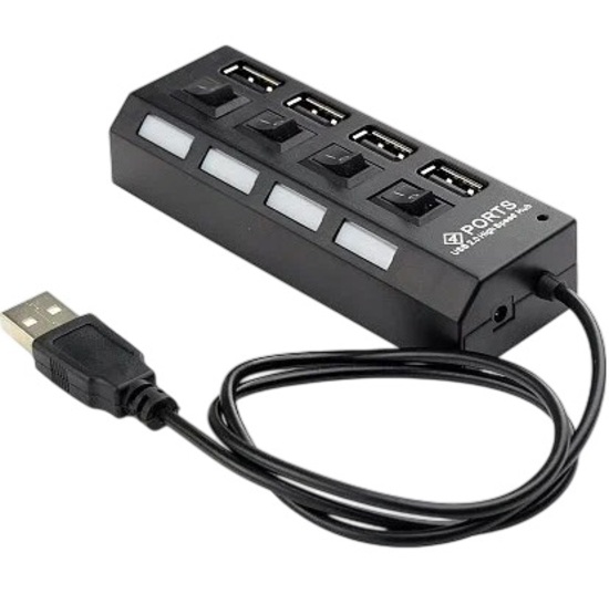 USB Type-C Хаб GEMBIRD UHB-243-ADW, 4хUSB, с доп. питанием, подсветка и выключатели, кабель USB 55см, белый, коробка