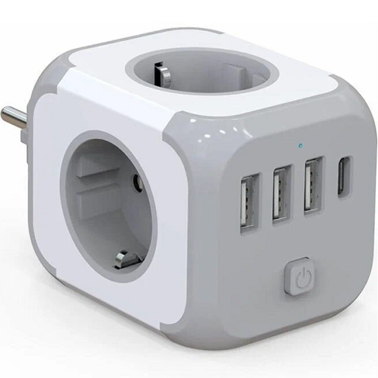 Тройник-удлинитель 1.5 метра, с USB, Type-C PowerCube, 3 гнезда 220V, 3 USB 2100mA / 1 Type-C 3400mA, c заземлением, защитные шторки, 16 A/4000 Вт.