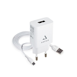 Сетевое ЗУ 1USB 2.1A AMFOX AH-45, 10,5Вт, блочок + кабель Micro, белое