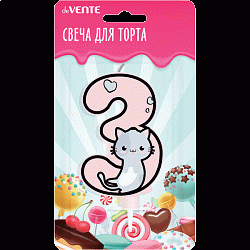 Свеча-цифра для торта "Котик" 3, с рисунком, розовая