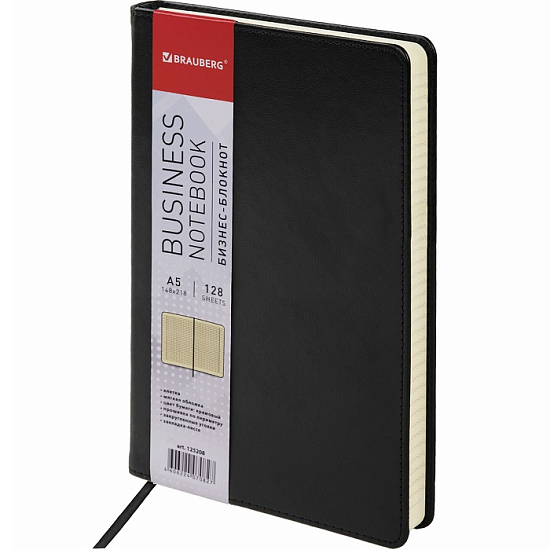 Блокнот А5 (148х218мм), BRAUBERG Income, 128л, кожзам, клетка, черный, 125208