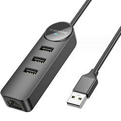 USB-Хаб BOROFONE DH6 Erudite 4-in-1, 3 USB2.0 , RJ45,  кабель USB 0.2м, чёрный