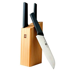 Набор стальных ножей Xiaomi (Mi) HuoHou 4-Piece Kitchen Knife Set Lite (HU0059), (3 ножа + деревянная подставка из сосны), черный