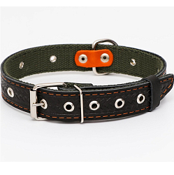 Ошейник комбинированный безразмерный, кожа/брезент, 60 х 3 см, ОШ 30-57 см, чёрный/зелёный