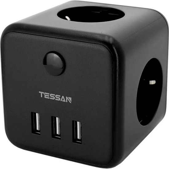 Сетевой разветвитель 3гн. TESSAN TS-301-DE, 3USB, чёрный