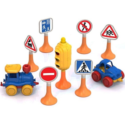 Набор «Дорожные знаки» №3 светофор, 6 знаков, 2 машинки