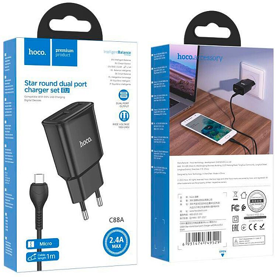 Сетевое ЗУ 2USB 2.4A HOCO C88A Black, microUSB