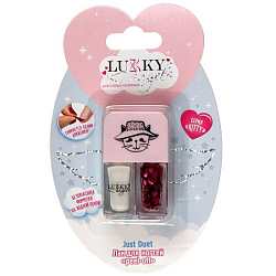 Двойные лаки для ногтей Lukky Angel Just Duet кол-я Kitty, серебряный металлик и красный с блестками, блистер, 2 по 4 мл 