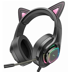 Наушники HOCO W107 Cute cat luminous, чёрно-розовый