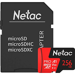Micro SD 256Gb Netac P500  Extreme Pro Class 10 UHS-I A1 V30 (100 Mb/s) + адаптер SD